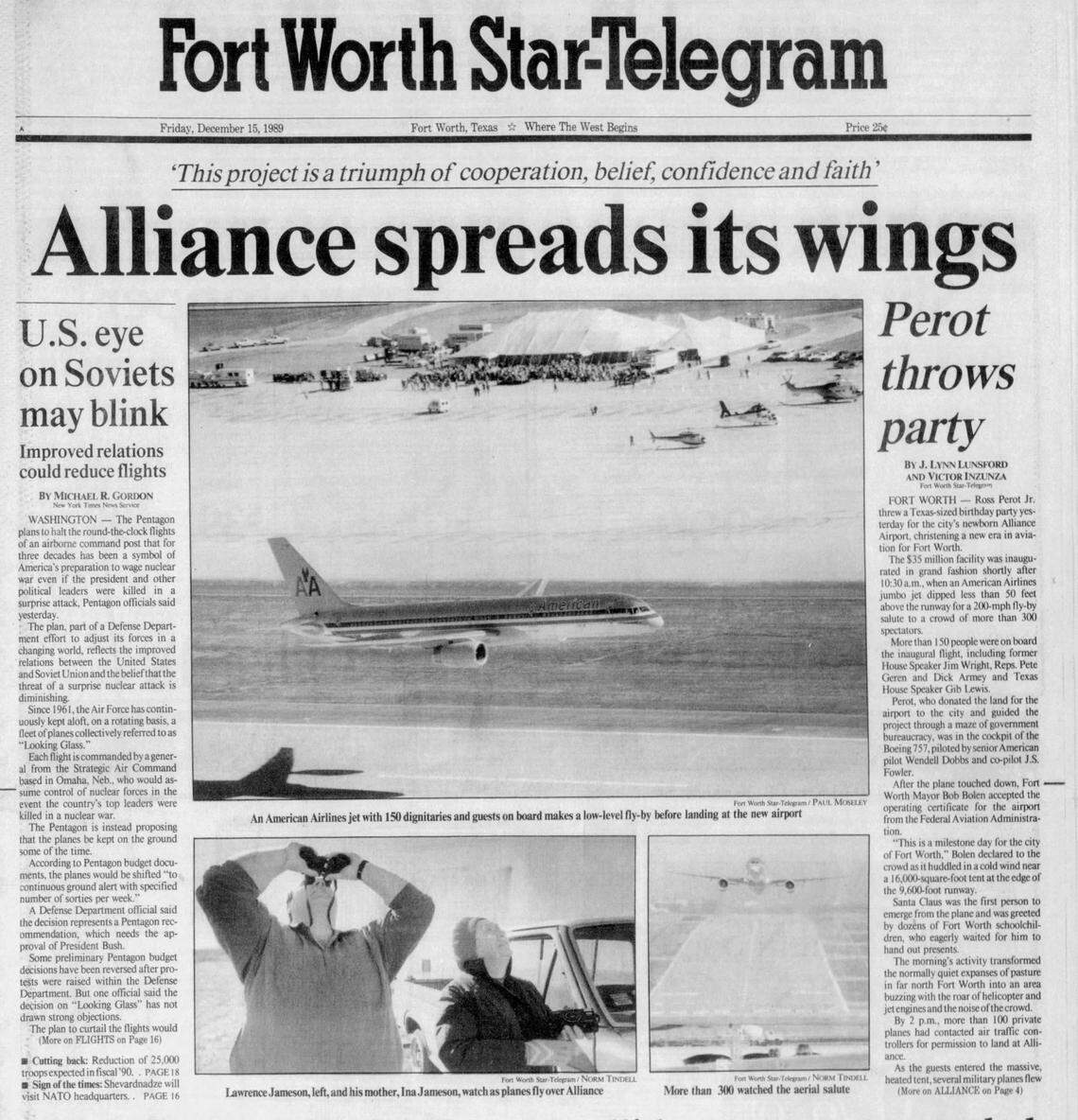 A banner headline on the front page of the Fort Worth Star-Telegram on Dec. 15, 1989, when Alliance Airport opened.