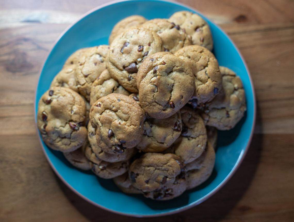 Chocolate chip cookies, pictured from above.