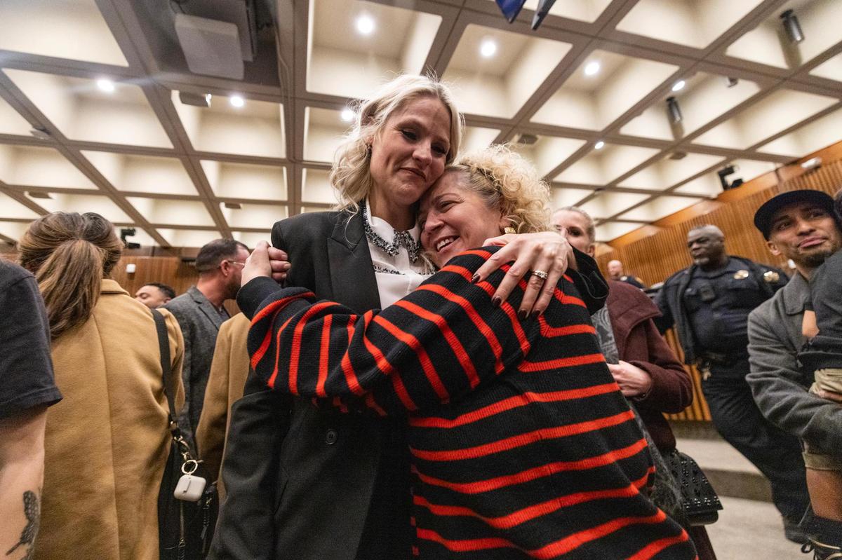Mercy Culture lead pastor Heather Schott shares a hug with Mercy Culture attendee Erika Cristantielli hugs after the council members approved the church to build a proposed human trafficking victim shelter during a city council meeting in Fort Worth on Tuesday, Oct. 10, 2024.