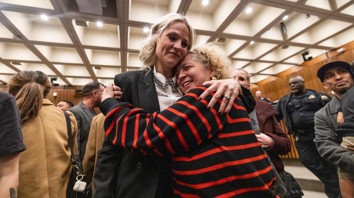 Mercy Culture lead pastor Heather Schott shares a hug with Mercy Culture attendee Erika Cristantielli hugs after the council members approved the church to build a proposed human trafficking victim shelter during a city council meeting in Fort Worth on Tuesday, Dec. 10, 2024.