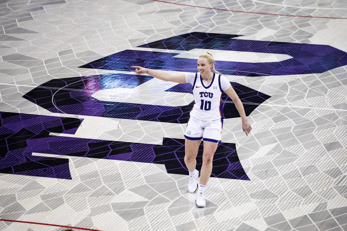 TCU guard Hailey Van Lith (10) celebrates after making a three-point shot in the first half of an NCAA game between TCU and Houston at Schollmaier Arena in Fort Worth on Wednesday, Feb. 26, 2025.