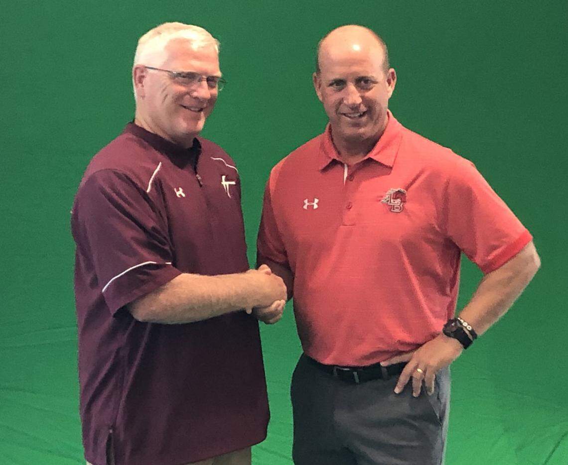 Jenks coach Keith Riggs, left, and Legacy coach Chris Melson.