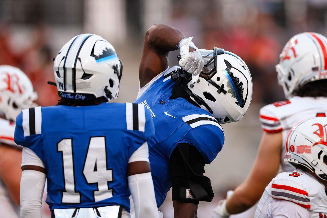 A North Crowley defensive lineman celebrates after a tackle for loss in a non-district game between North Crowley and Rockwall at Crowley ISD Stadium in Crowley, Texas on Sept. 18, 2025.