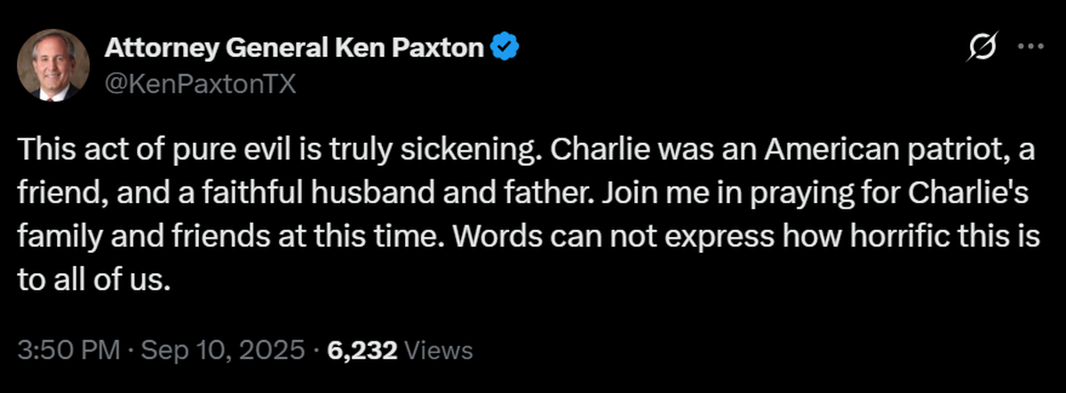 Texas Attorney General Ken Paxton reacts to the death of conservative activist Charlie Kirk.
