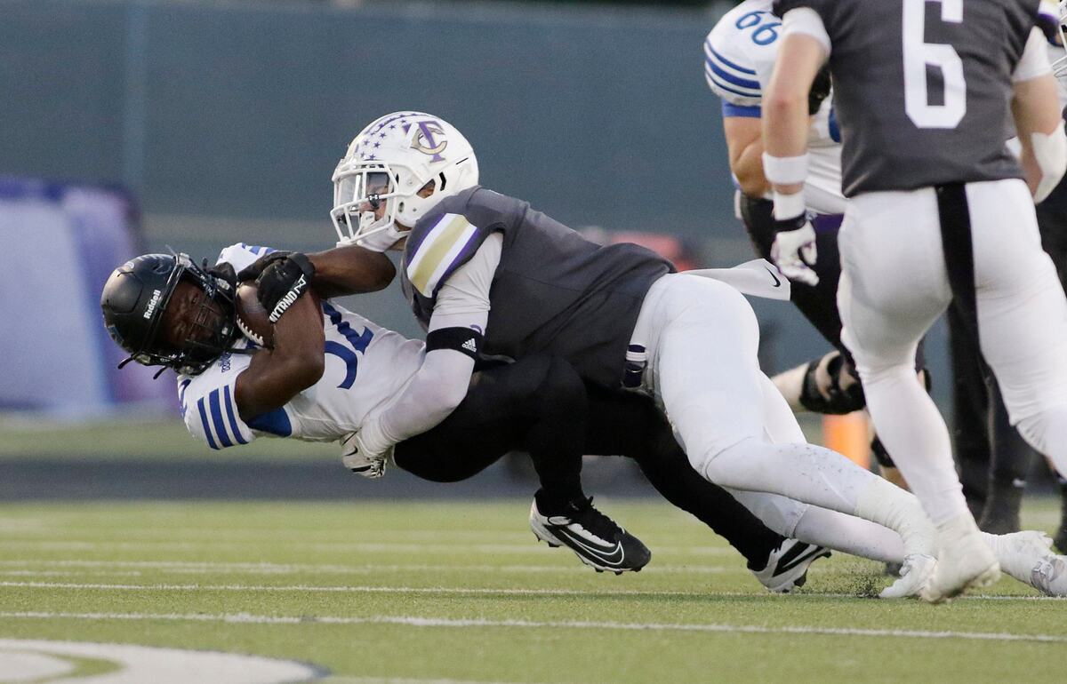 Trophy Club’s Sean Robinson is brought down by Timber Creek’s Tristen Armstrong during a UIL football game at Keller ISD Stadium on Thursday, October 3, 2024.