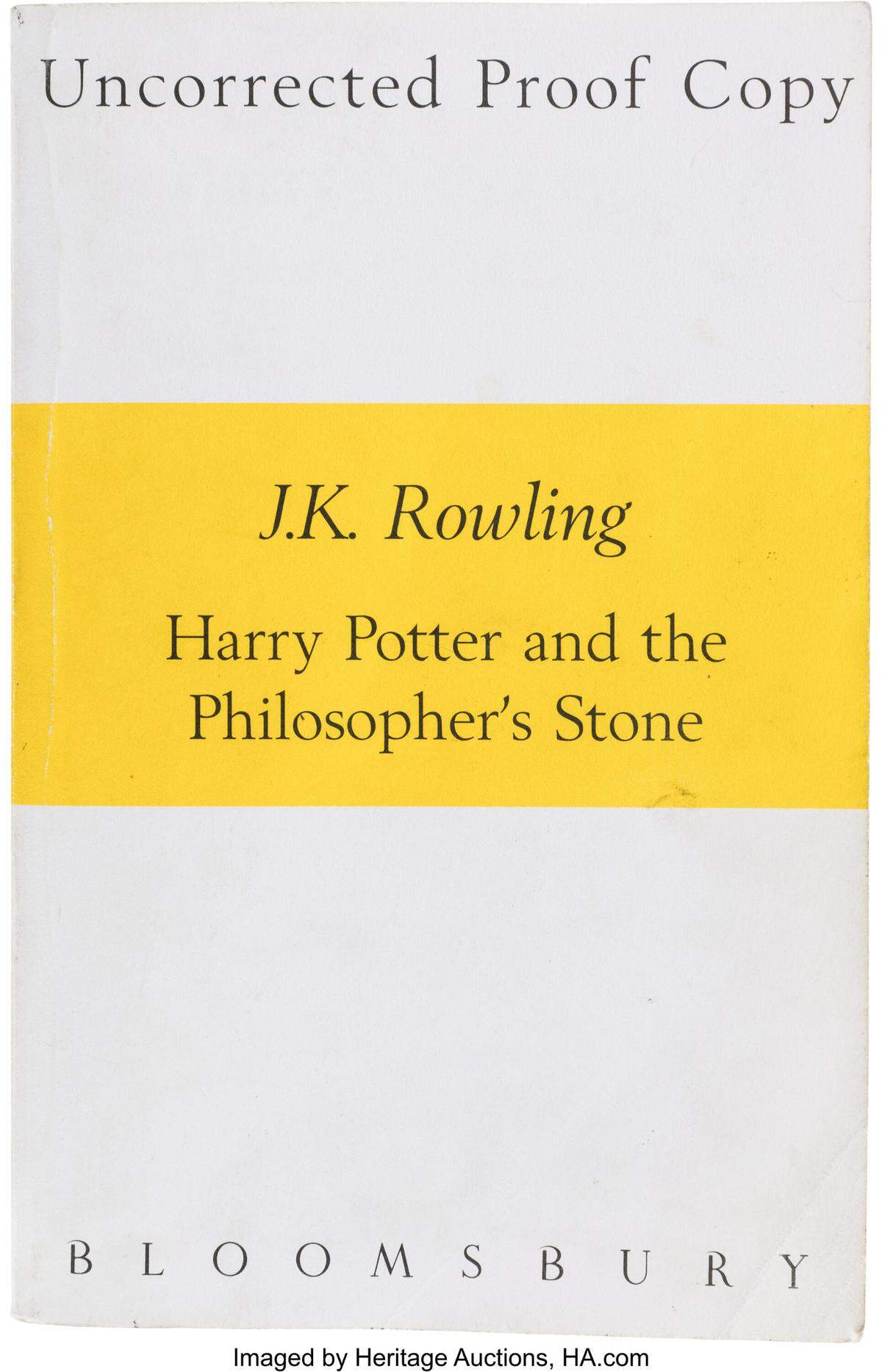 An uncorrected proof of Harry Potter and the Philosopher’s Stone, seen here, is scheduled to be auctioned in Dallas on July 25. Only 200 uncorrected proofs were ever printed, the first time Harry Potter appeared in print.
