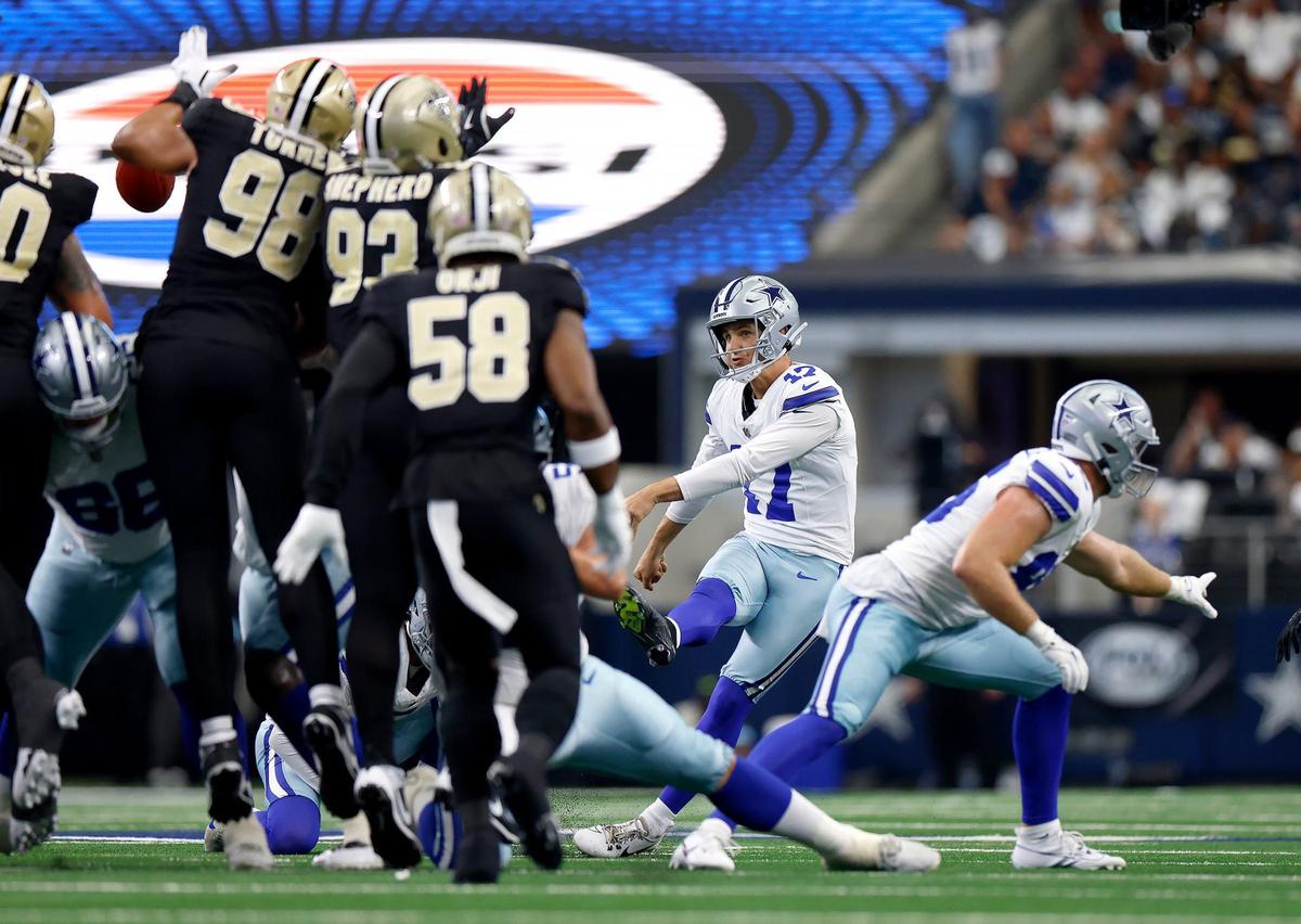 Dallas Cowboys kicker Brandon Aubrey kicks for a field goal against the New Orleans Saints on Sunday, Sept. 15, 2024, at AT&T Stadium in Arlington.