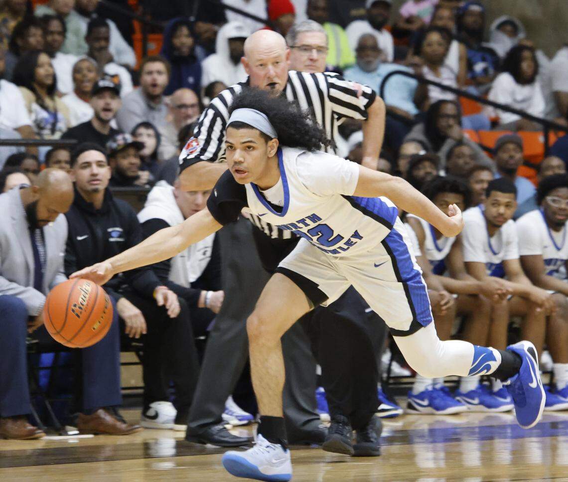 North Crowley guard Isaak Hayes (22) leads the pack down court against Duncanville during the first half of a UIL Class 6A Division I boys semifinal basketball game at Wilkerson Greines Activity Center in Fort Worth, Texas, Monday, Mar. 10, 2026.