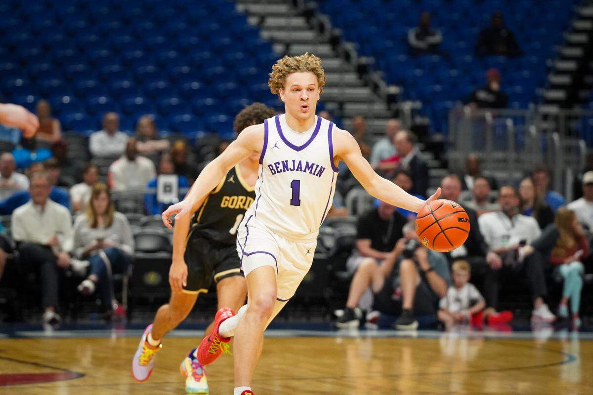 Benjamin’s Grayson Rigdon brings the ball up the court against Gordon in a Class 1A state semifinal on Thursday, March 7, 2024 at the Alamodome in San Antonio, Texas. Rigdon had a game-high 32 points as Benjamin defeated Gordon 75-58.