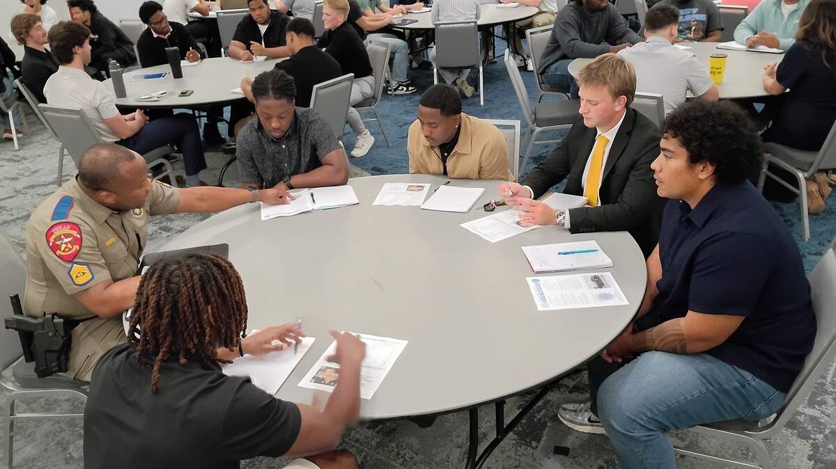 As part of the football mentoring program at Texas Wesleyan University, student-athletes interact and learn from those in a variety of professions.