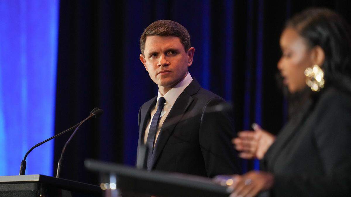 State Rep. James Talarico, Democratic primary candidate for U.S. Senate, looks at U.S. Rep. Jasmine Crockett during a debate at the 2026 Texas AFL-CIO COPE Convention in Georgetown, Texas on Saturday, Jan. 24, 2026.