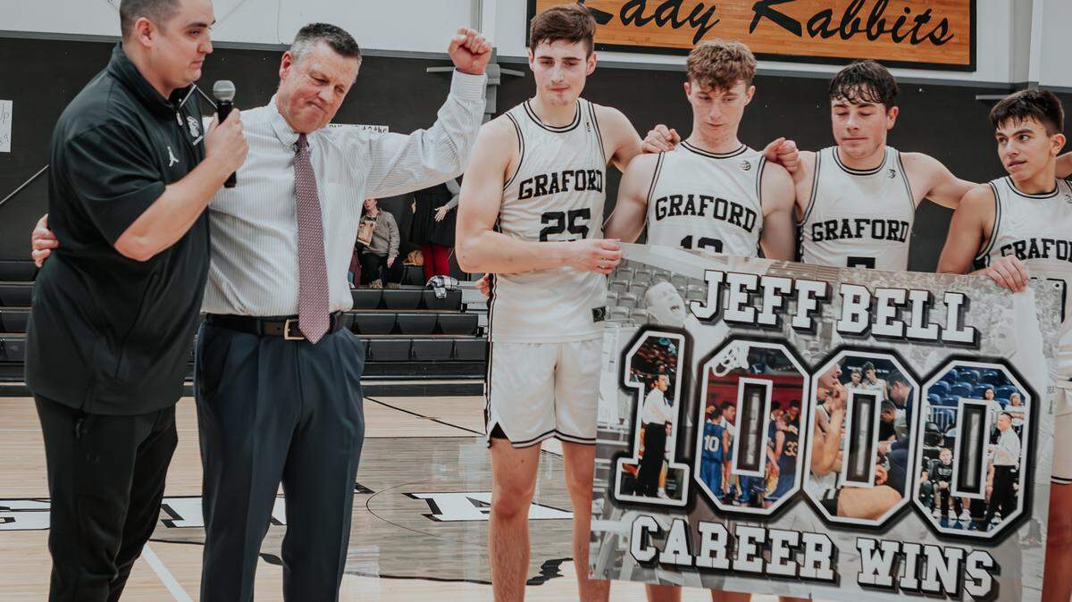Graford head coach Jeff Bell celebrating his 1,000th career win with his team and son, Jake Bell, who speaks about his father after the game. (Photo courtesy of: Jordan Bell)