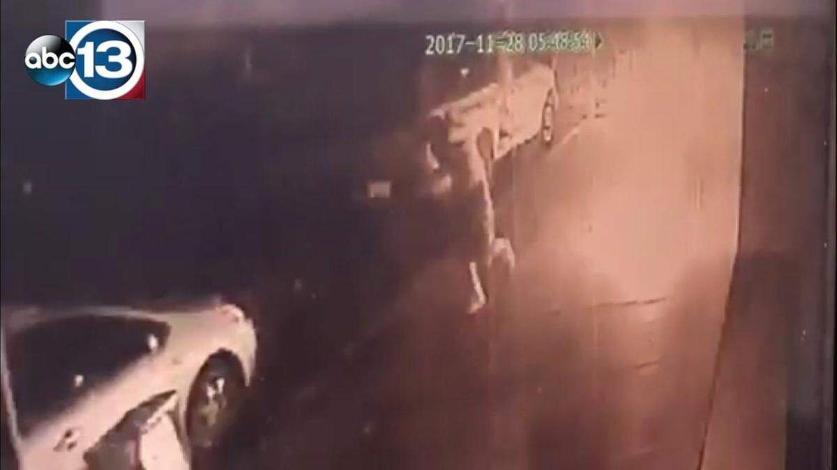 Video surveillance obtained by ABC-affiliate KTRK in Houston shows the moments after a man was set on fire by a woman in Galveston on Tuesday, Nov. 28, morning.