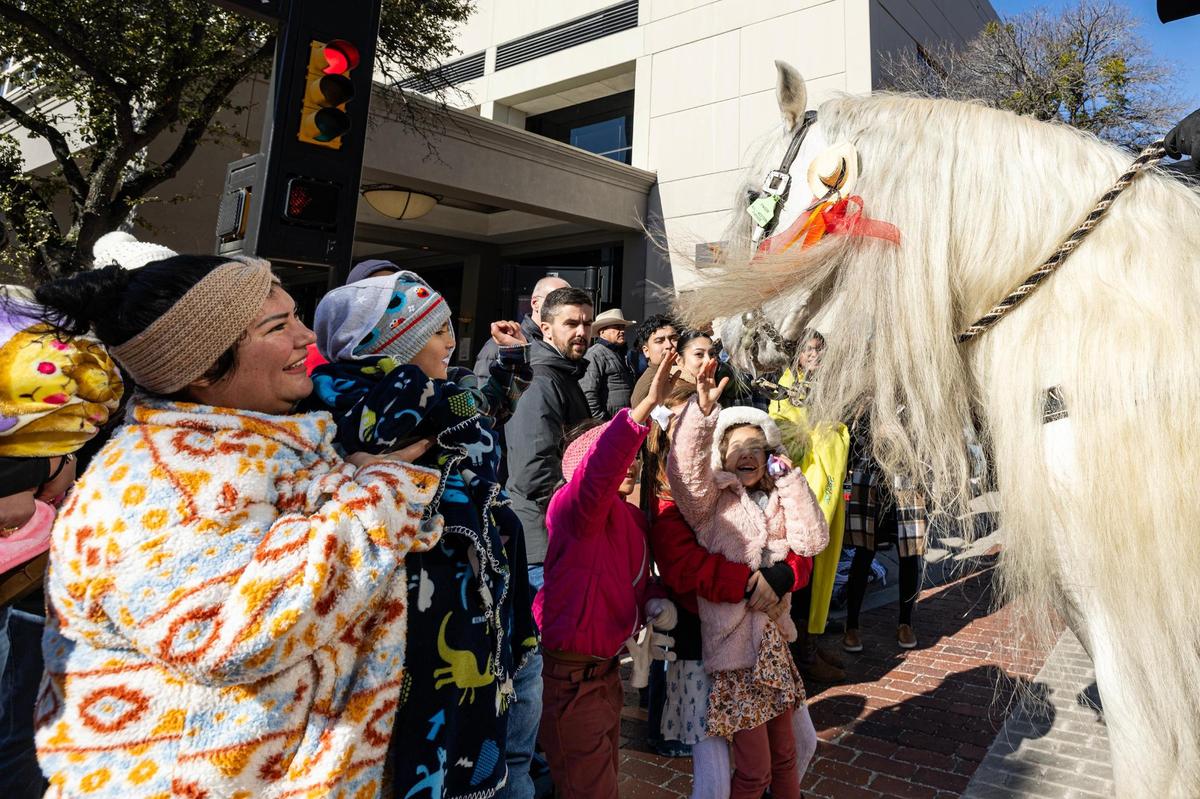 Mariela Carrillo and her kids Jesse, 4, Elijah, 10, and Madelyn Hurtado, 7, pets a the RMG Patron horse of R&L Ranch during the Fort Worth Stock Show All Western Parade in downtown Fort Worth on Saturday, Jan. 18, 2025.