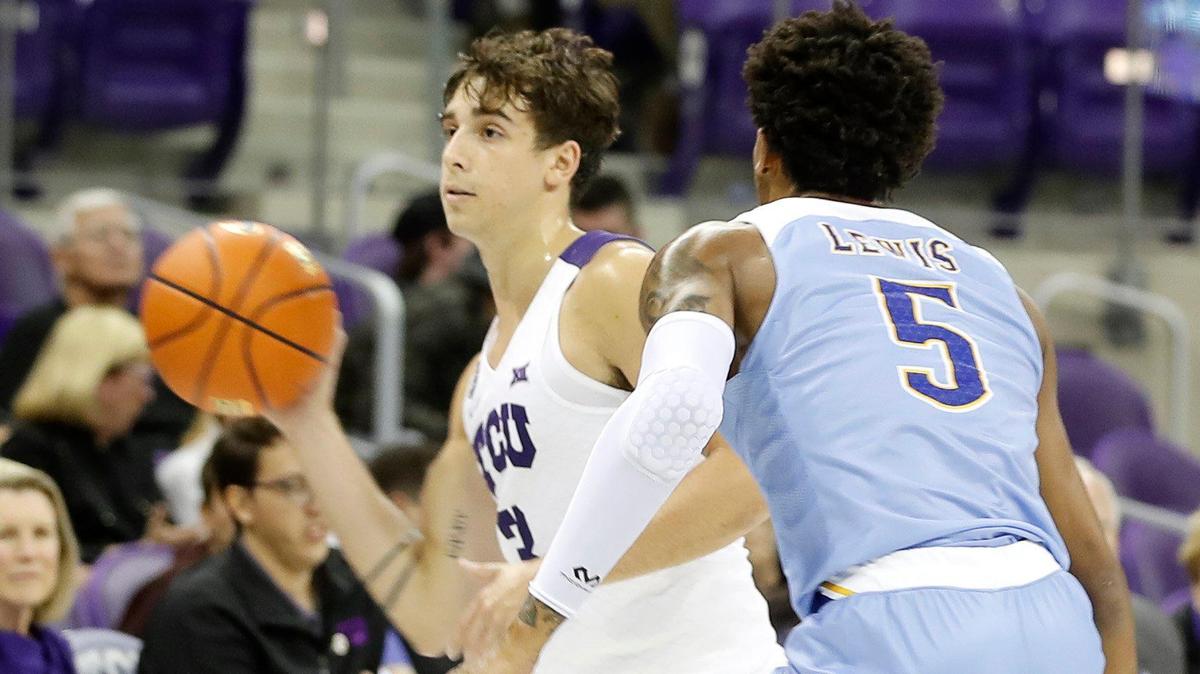 TCU guard Francisco Farabello (3) passes away from McNeese forward Myles Lewis (5) in the second half of Thursday’s season opener. Farabello returned to the court in TCU’s 77-61 victory after missing most of last season due to COVID-19 protocol.