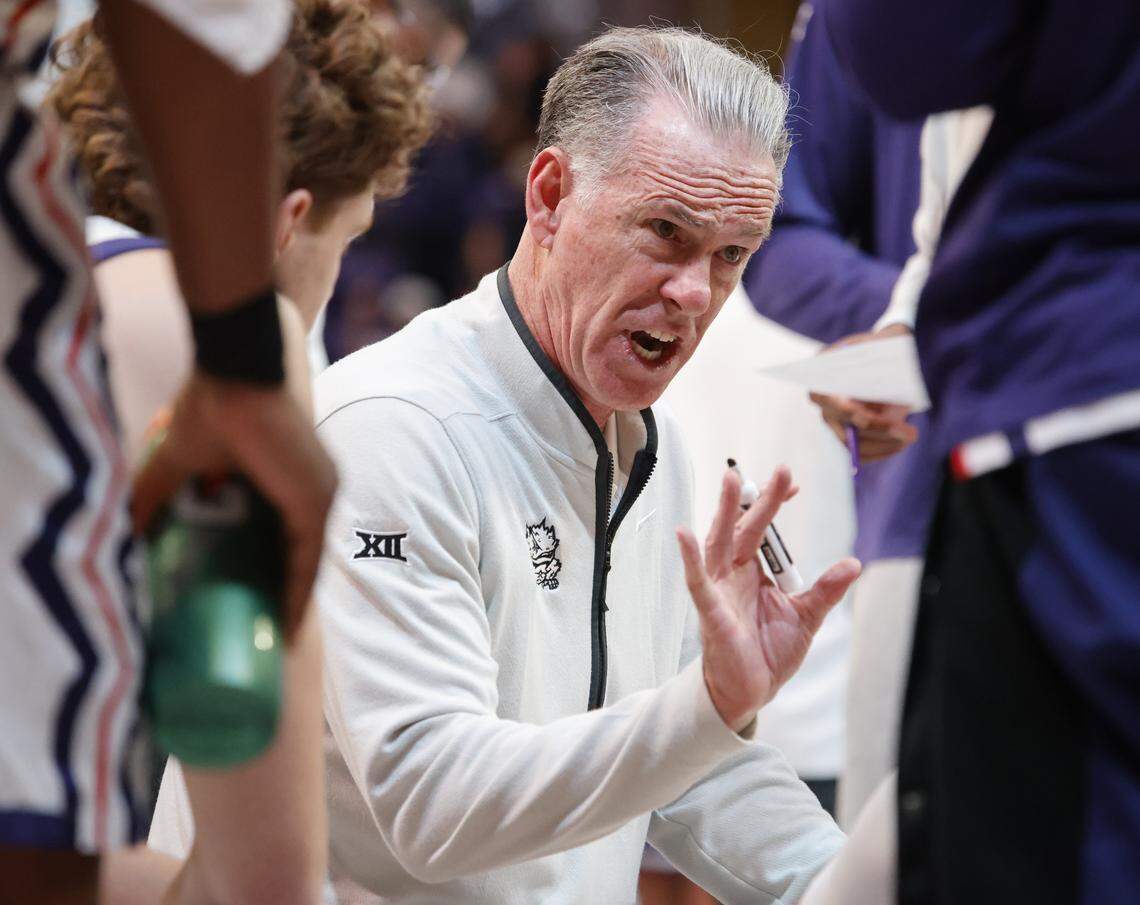 TCU head coach Jamie Dixon draws up a play during a time out in the second half of a NCAA basketball game between Baylor University and TCU at Schollmaier Arena in Fort Worth, Texas, Saturday Jan. 03, 2026