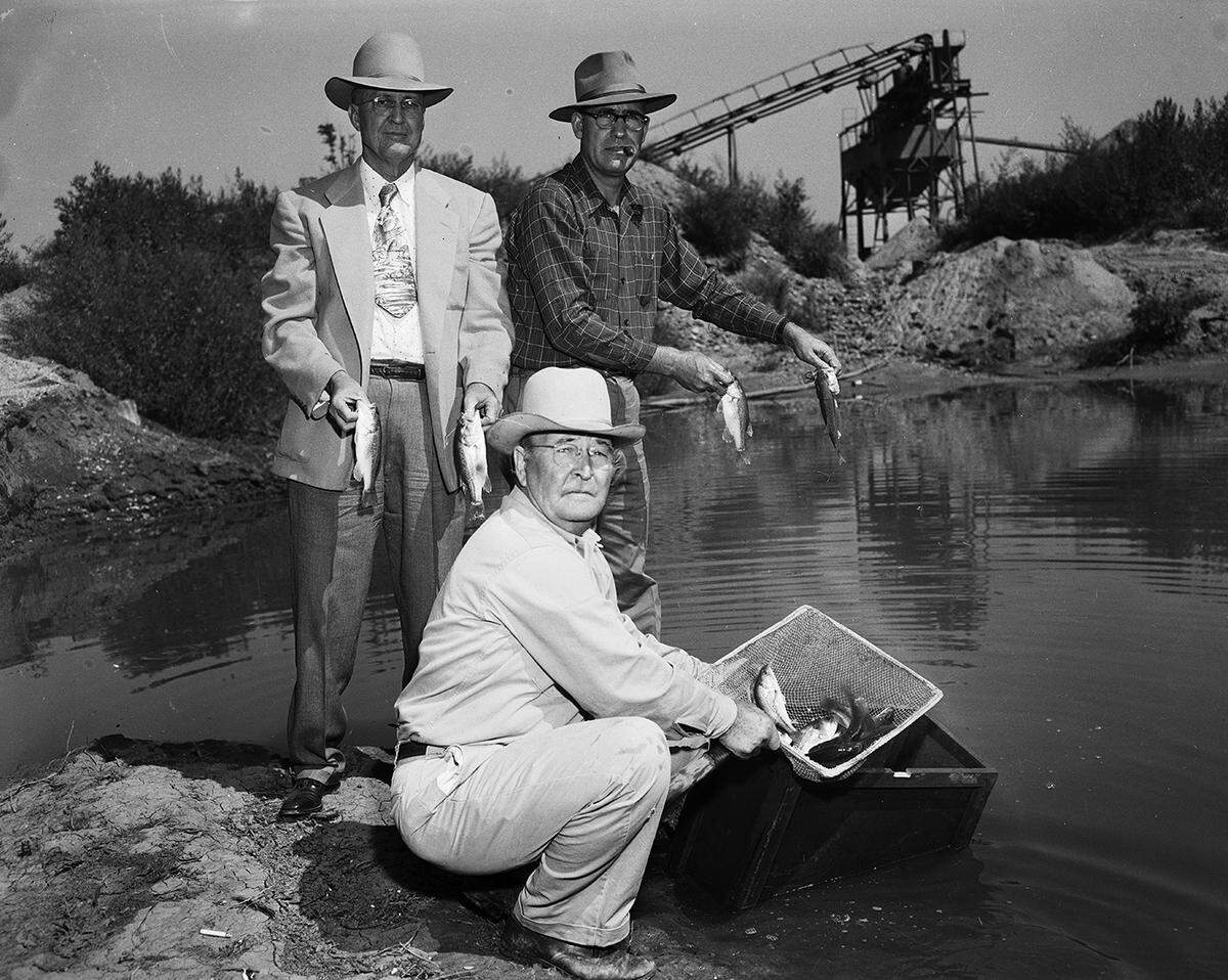 Sept. 29, 1951: Superintendent Ben Stone of the Eagle Mountain state fish hatchery releases fish stock in the Grapevine Lake. Standing behind him are D. R. Wiley, left, president of the Fort Worth Anglers Club, and Gordon Tate, mayor of Grapevine, who expects that city to profit from the lake.