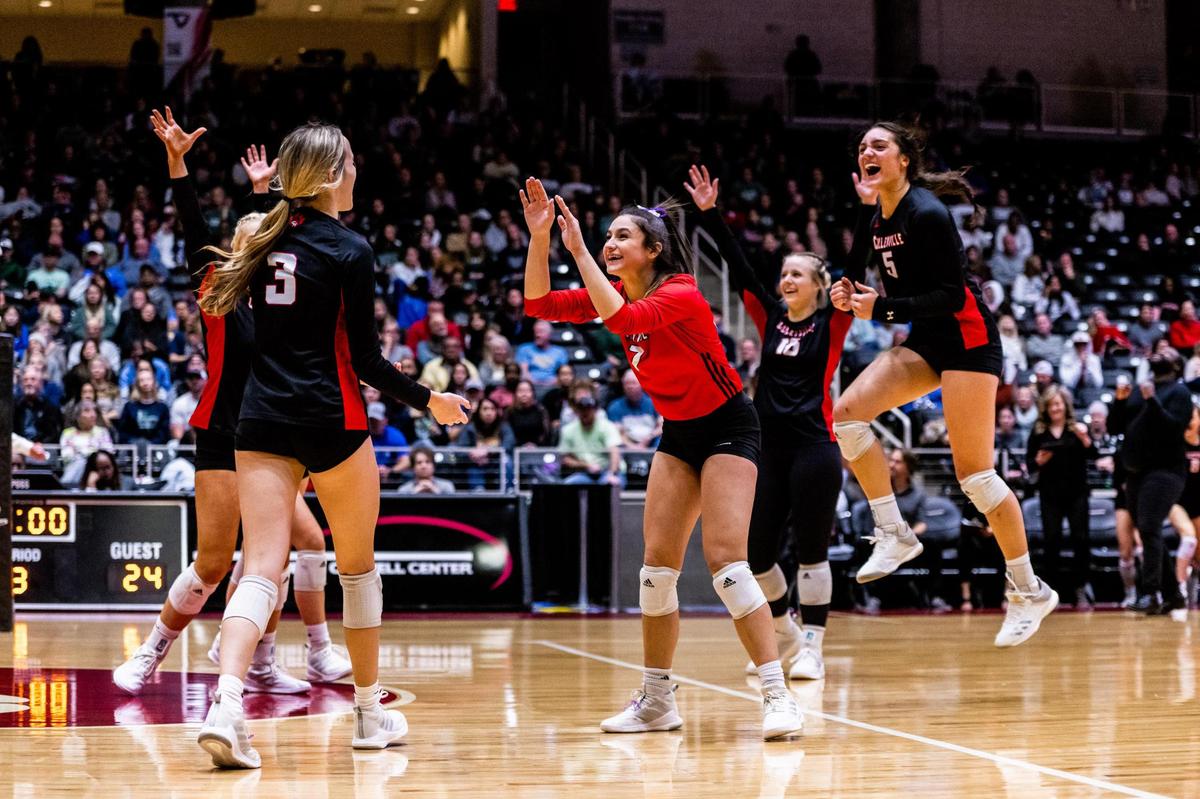 The Panthers celebrate winning set 3 during the 5A state final between Colleyville Heritage and Frisco Reedy at the Curtis Culwell Center in Garland on November 19th, 2022.