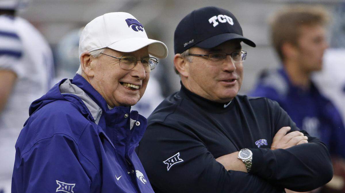 Head coaches Bill Snyder (K State, left) and Gary Patterson (TCU, right) meet on the field before the game as Kansas State beats TCU 30-6 in Fort Worth, Saturday, December 3, 2016.