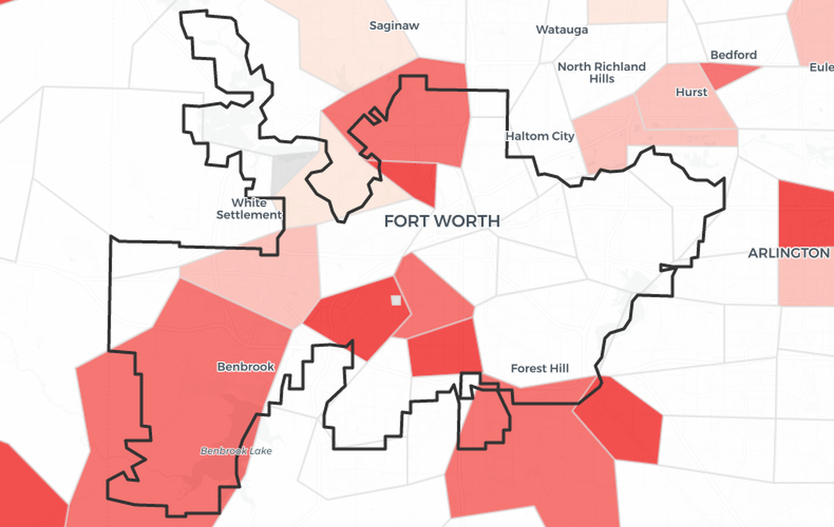 This map shows child care deserts in the Fort Worth school district perimeter. The analysis was done by Children at Risk.