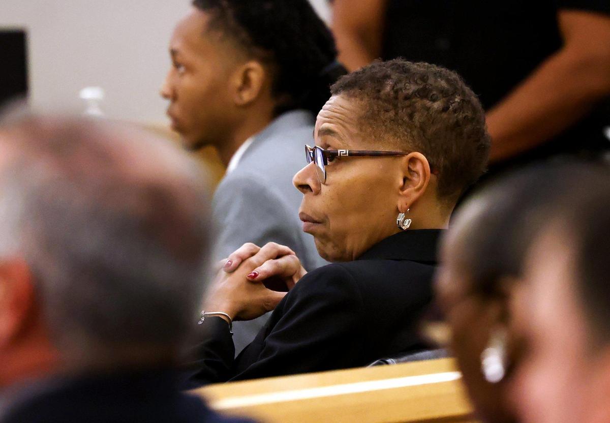 Defense attorney Lesa Pamplin listens to the opening statement from the state during the attempted capital murder trial of defendant Timothy Simpkins, left, being held in the 371st District Court on Monday, July 17, 2023, in Fort Worth. Simpkins is accused of shooting three people in October 2021 at Timberview High School in Arlington.