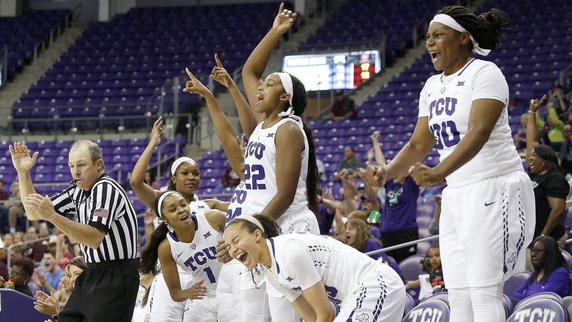 TCU's bench reacts to a 3-pointer in the second half of Saturday's 86-51 WNIT victory over Missouri State.