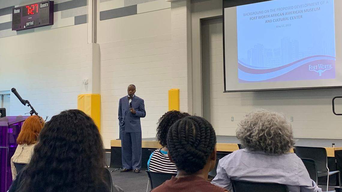 Steering committee co-chair John Barnett speaks ahead of a comment section for the proposed African American Museum and Cultural Center at a public forum Thursday evening at the Como Community Center.