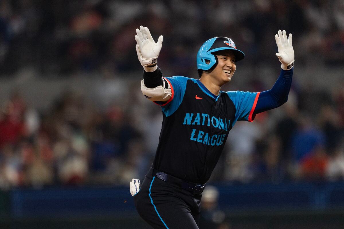 Los Angeles Dodgers designated hitter Shohei Ohtani celebrates after hitting a home run in the second inning of the MLB All Star Game at Globe Life Field in Arlington on Tuesday July 16, 2024.