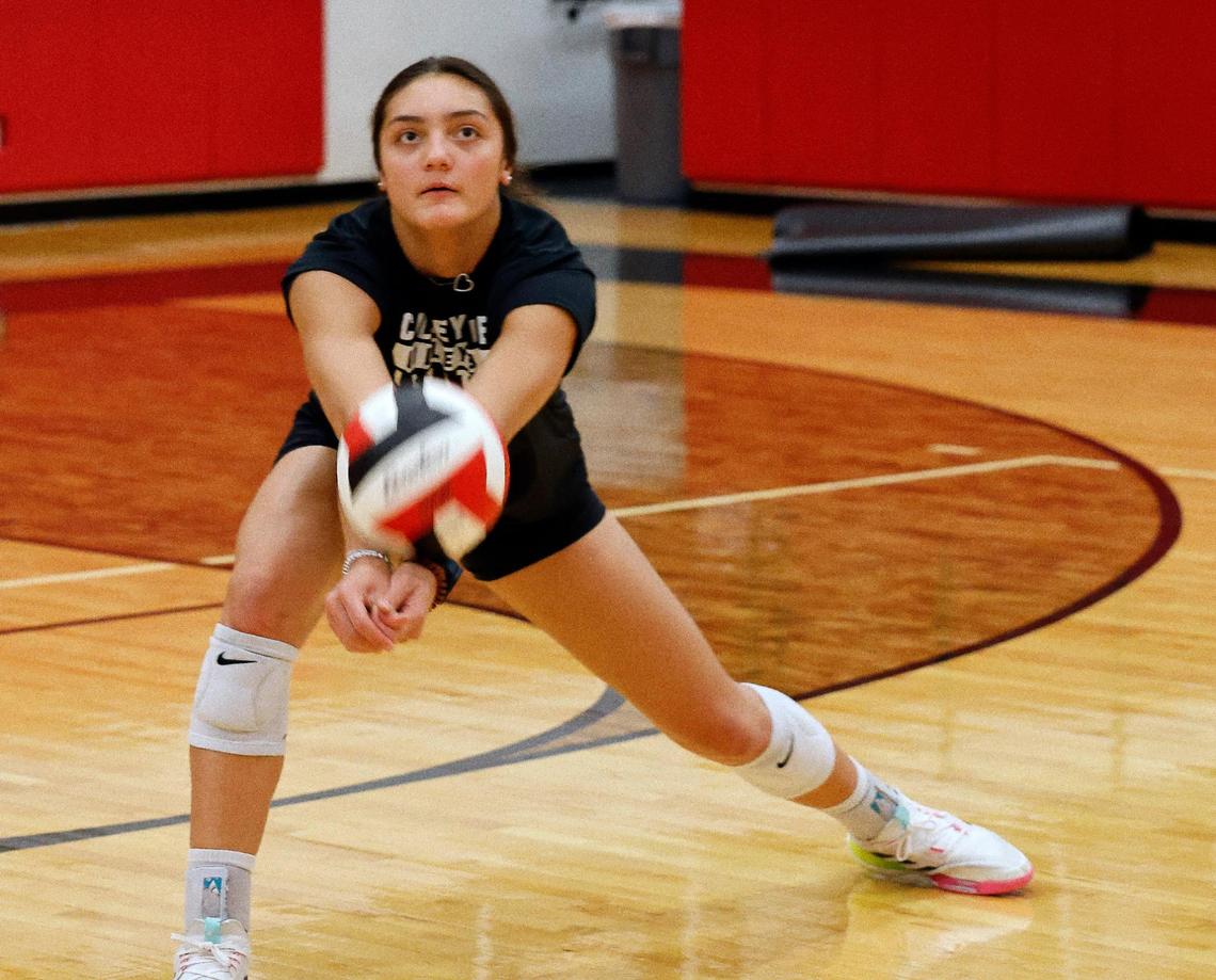 Suli Ane Davis returns a serve during the Panthers volleyball practice for the state semifinals at Colleyville Heritage High School in Colleyville, Texas, Wednesday, Nov. 15, 2023.