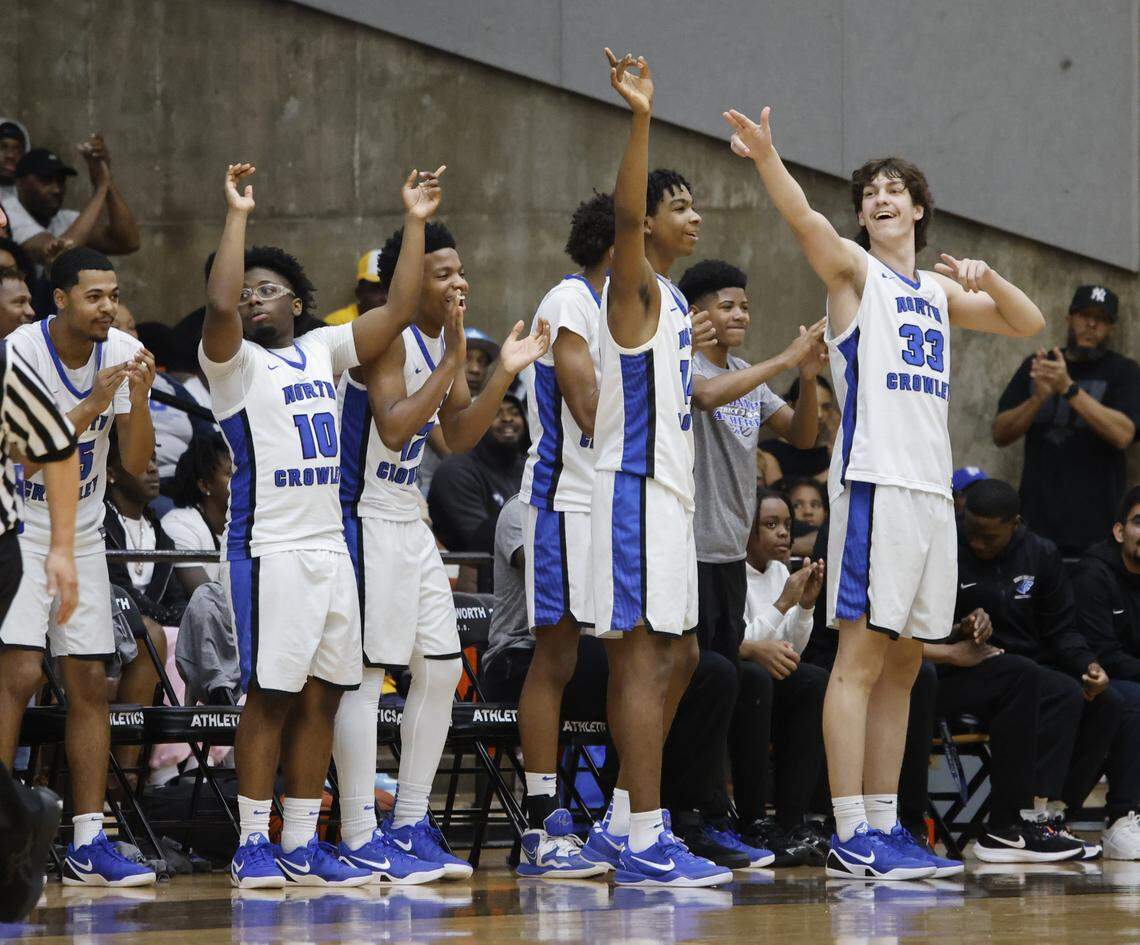 The North Crowley Panther bench signals a turnover by Duncanville during the first half of a UIL Class 6A Division I boys semifinal basketball game at Wilkerson Greines Activity Center in Fort Worth, Texas, Monday, Mar. 10, 2026.