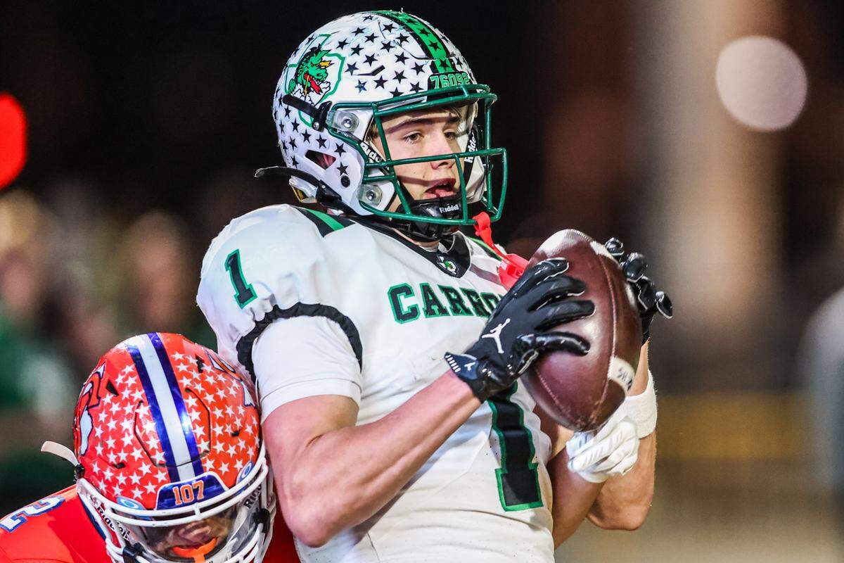 Southlake’s Brock Boyd catches a TD pass in the first quarter against San Angelo Central in a 6A Division II area playoff game at Art Briles Stadium in Stephenville, Friday, Nov. 21, 2025.