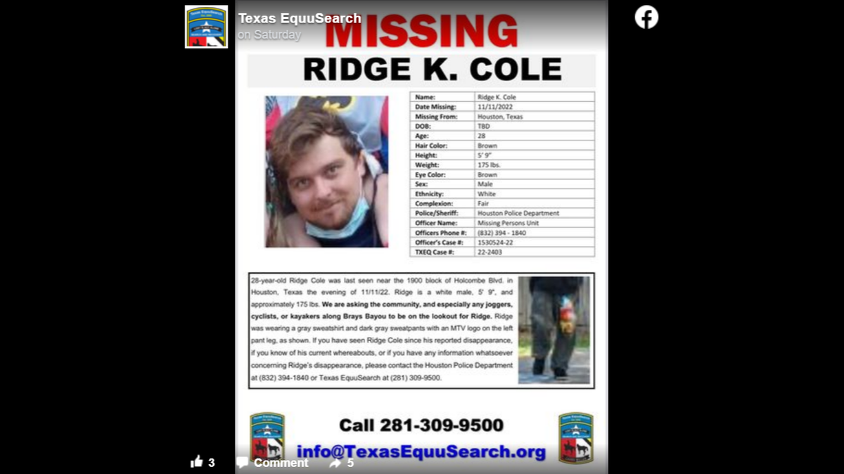 Ridge Cole, 28, has been missing since Friday, Nov. 11, his family says.