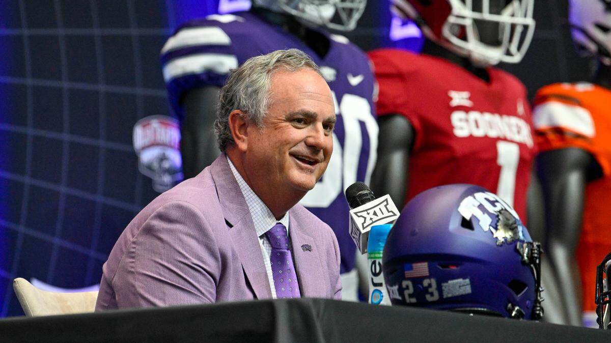 Jul 12, 2023; Arlington, TX, USA; TCU Horned Frogs head coach Sonny Dykes is interviewed during Big 12 football media day at AT&T Stadium. Mandatory Credit: Jerome Miron-USA TODAY Sports
