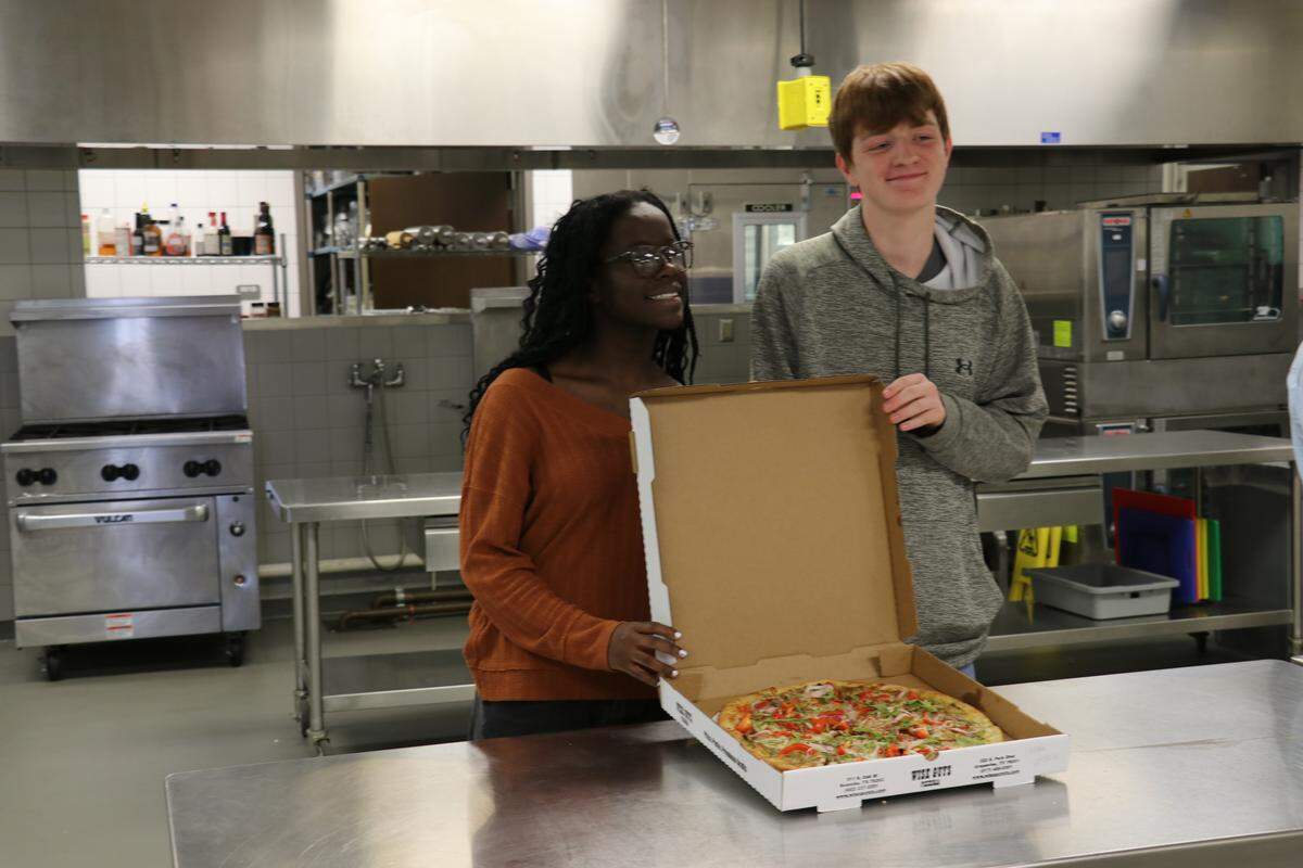 Seniors Trenton Venable and Eden Matongo created the only vegetable pizza in the competition, with a thin-crust option topped with pesto, sun-dried tomatoes, mozzarella cheese, red bell peppers, red onion, fresh arugula and Italian seasoning.
