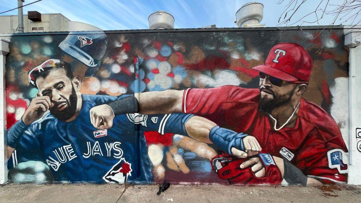 A mural of former Texas Ranger Rougned Odor punching Toronto Blue Jay José Bautista can be seen at 611 W. Park Row Drive, Arlington.