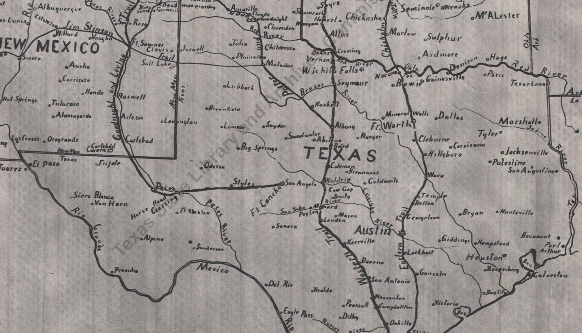 This historic map shows major cattle trails through Texas from the 1860s to 1880s, including the Eastern (Chisholm) Trail through Fort Worth, and the Western Trail that runs parallel to the west.