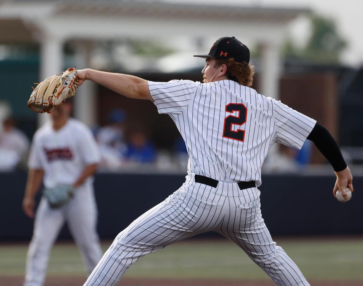 Aledo pitcher Ethan Hodo (2) works the final inning during a UIL 5A D1 semifinal baseball game at Dallas Baptist University’s Horner Ballpark in Dallas, Texas, Thursday, May 29, 2025.