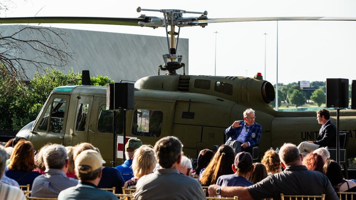 Medal of Honor Recipient and Huey pilot General Patrick Brady speaks to the crowd on Thursday, June 20, 2024, at the Choctaw Stadium in Arlington. The New Medal of Honor Museum welcomed a fully restored Huey Helicopter as their main centerpiece.