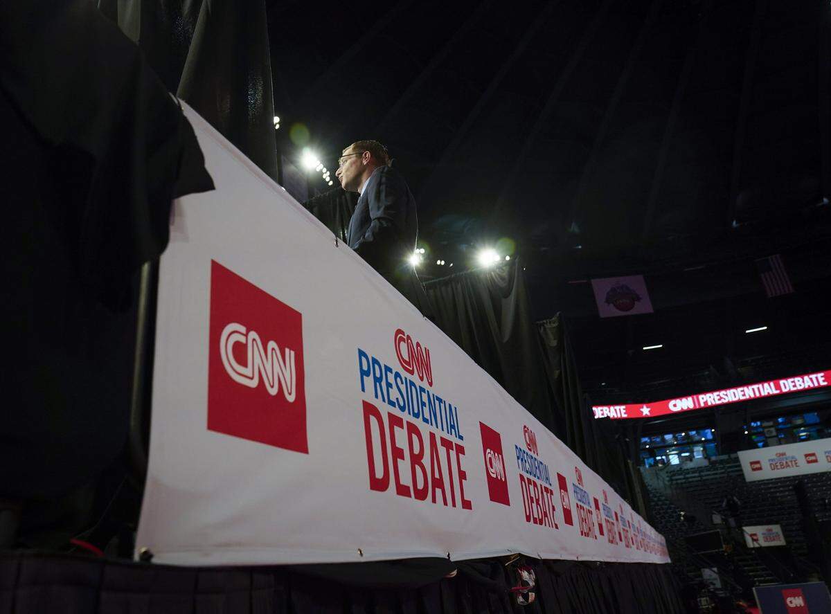 El McCamish Pavilion de Georgia Tech da la bienvenida a los periodistas al Spin Room antes del debate presidencial de la CNN entre el presidente Joe Biden y el ex presidente Donald Trump celebrado en los estudios de la CNN en Atlanta.
