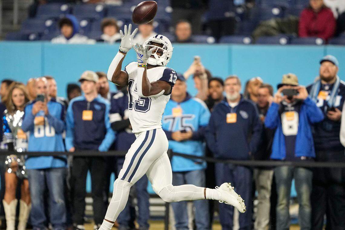Dallas Cowboys wide receiver Michael Gallup (13) warms up before before an NFL football game between the Tennessee Titans and the Dallas Cowboys, Thursday, Dec. 29, 2022, in Nashville, Tenn. (AP Photo/Chris Carlson)
