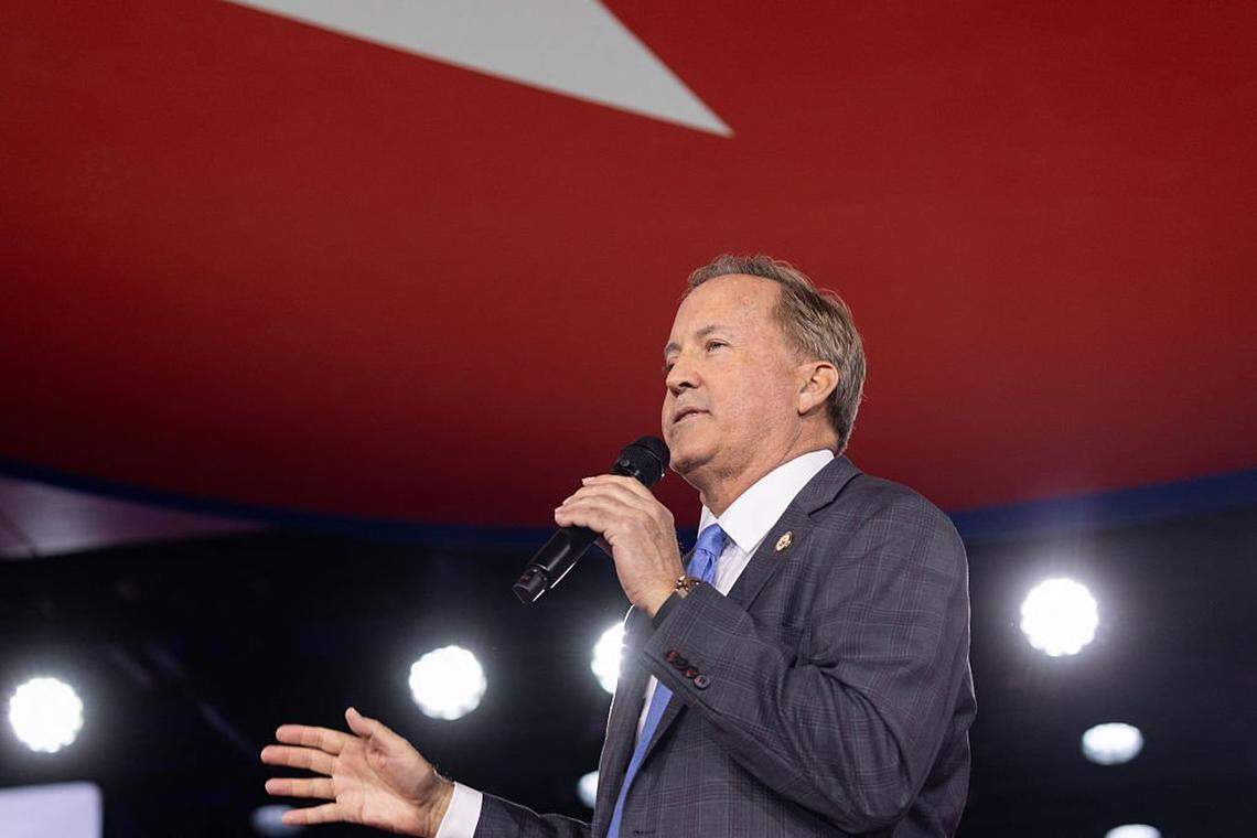 Texas Attorney General Ken Paxton speaks during the Conservative Political Action Conference (CPAC) in Grapevine, Texas, on March 27, 2026. American conservatives converge on Texas this week for what organizers bill as their largest and most influential gathering, with the Iran war and fears of a punishing midterm election cycle heightening the stakes. (Photo by Leandro Lozada / AFP via Getty Images)