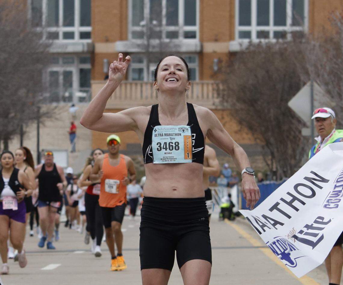 McKale Montgomery wins the ultra marathon with a time of 3:33:11 during the 48th running of the Cowtown Marathon at the Will Rogers Memorial Center in Fort Worth, Texas, Sunday, Mar. 01, 2026.