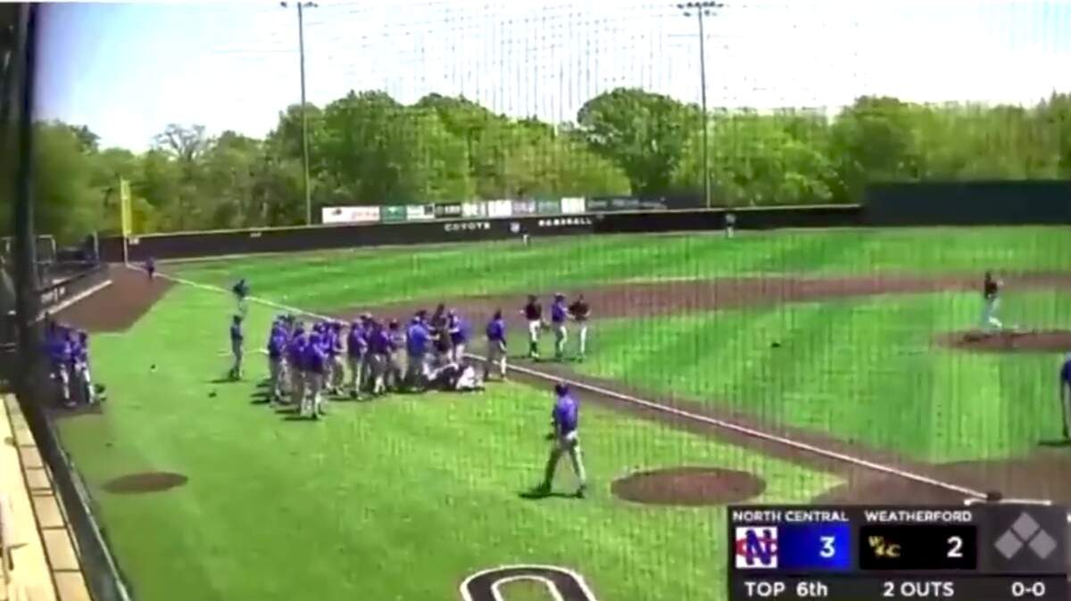 Weatherford College pitcher Owen Woodward tackled North Central Texas College batter Josh Phillips after Phillips’ two-run home run in the sixth inning Wednesday.