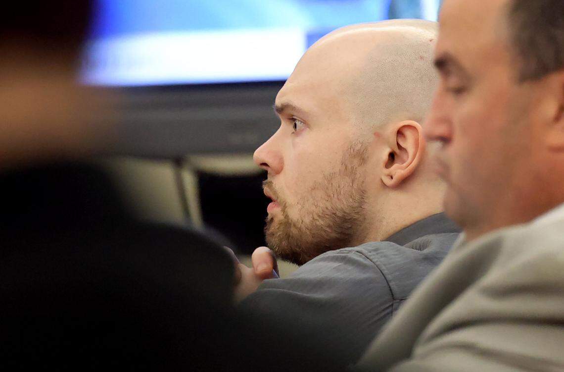 Defendant Tanner Horner reacts while listening to his mother testify on Wednesday, April 22, 2026, at the Tim Curry Criminal Justice Center in Fort Worth. Horner pleaded guilty to capital murder in the November 2022 strangulation killing of 7-year-old Athena Strand.