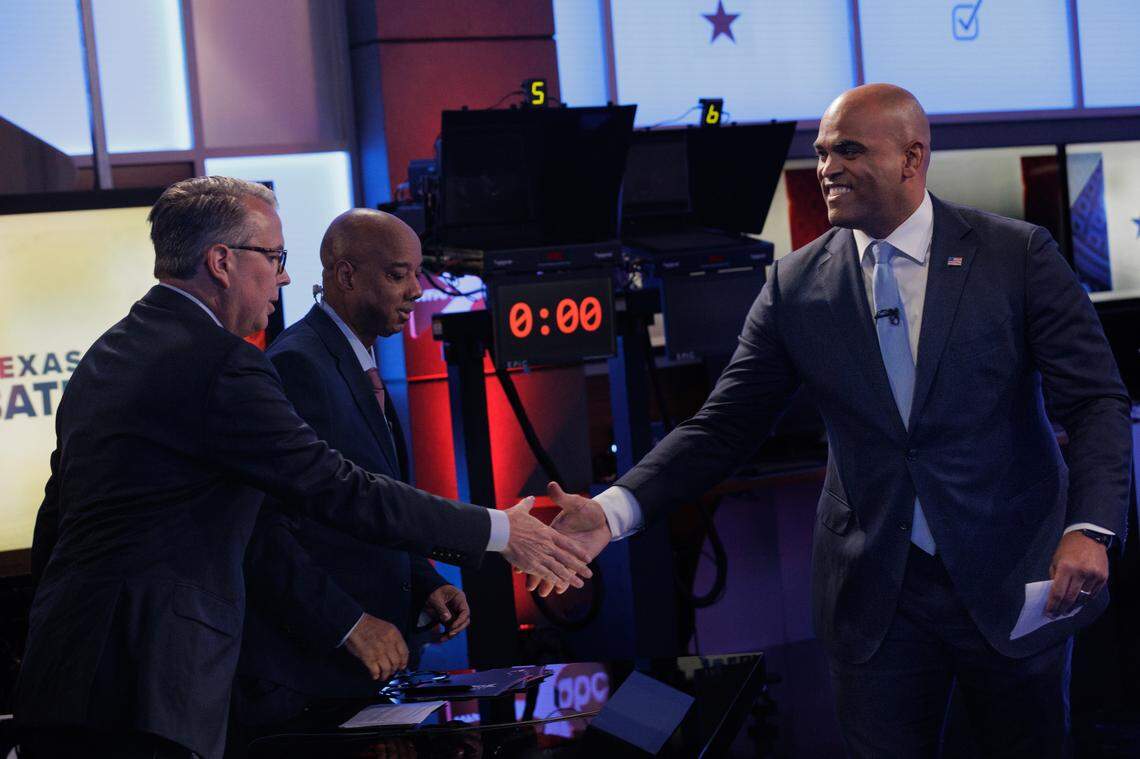 U.S. Rep. Colin Allred, D-Dallas, shakes hands with the moderators after a debate for the U.S. Senate with U.S. Sen. Ted Cruz, R-Texas, hosted by WFAA on Tuesday, Oct. 15, 2024, in Dallas, Texas.