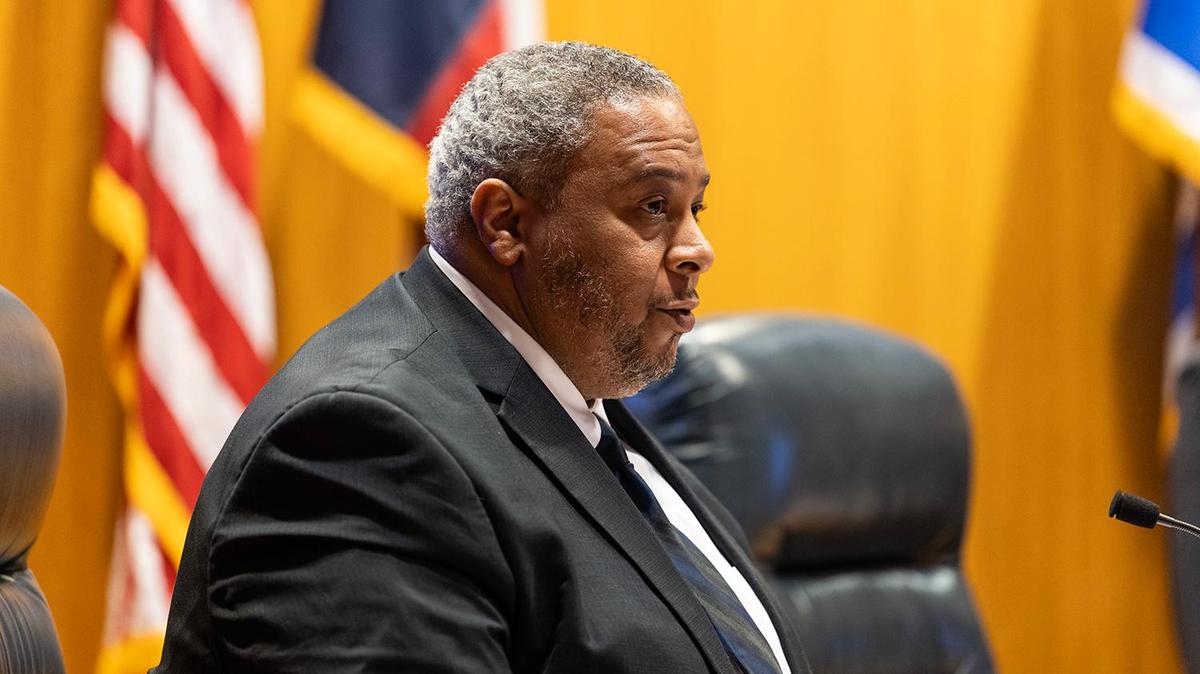 Roderick Miles Jr., the Tarrant County Commissioner of Precinct One, speaks on the dias during a Commissioners Court Meeting at the Tarrant County Administration Building in Fort Worth on Tuesday, May 6, 2025.