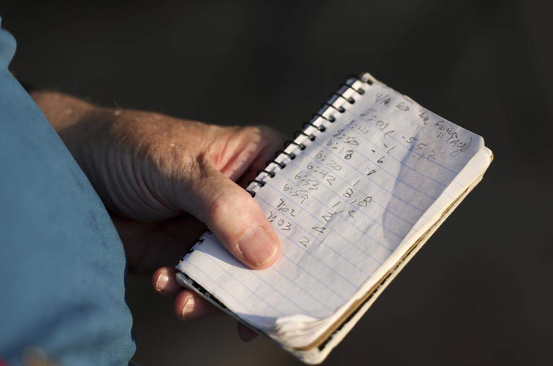 Rick Sharon keeps a record of the egret sightings and roughly how many birds were spotted each night on April 16 in Fort Worth. Park Glen residents have been gathering nightly to prevent the protected species from nesting in their neighborhood.