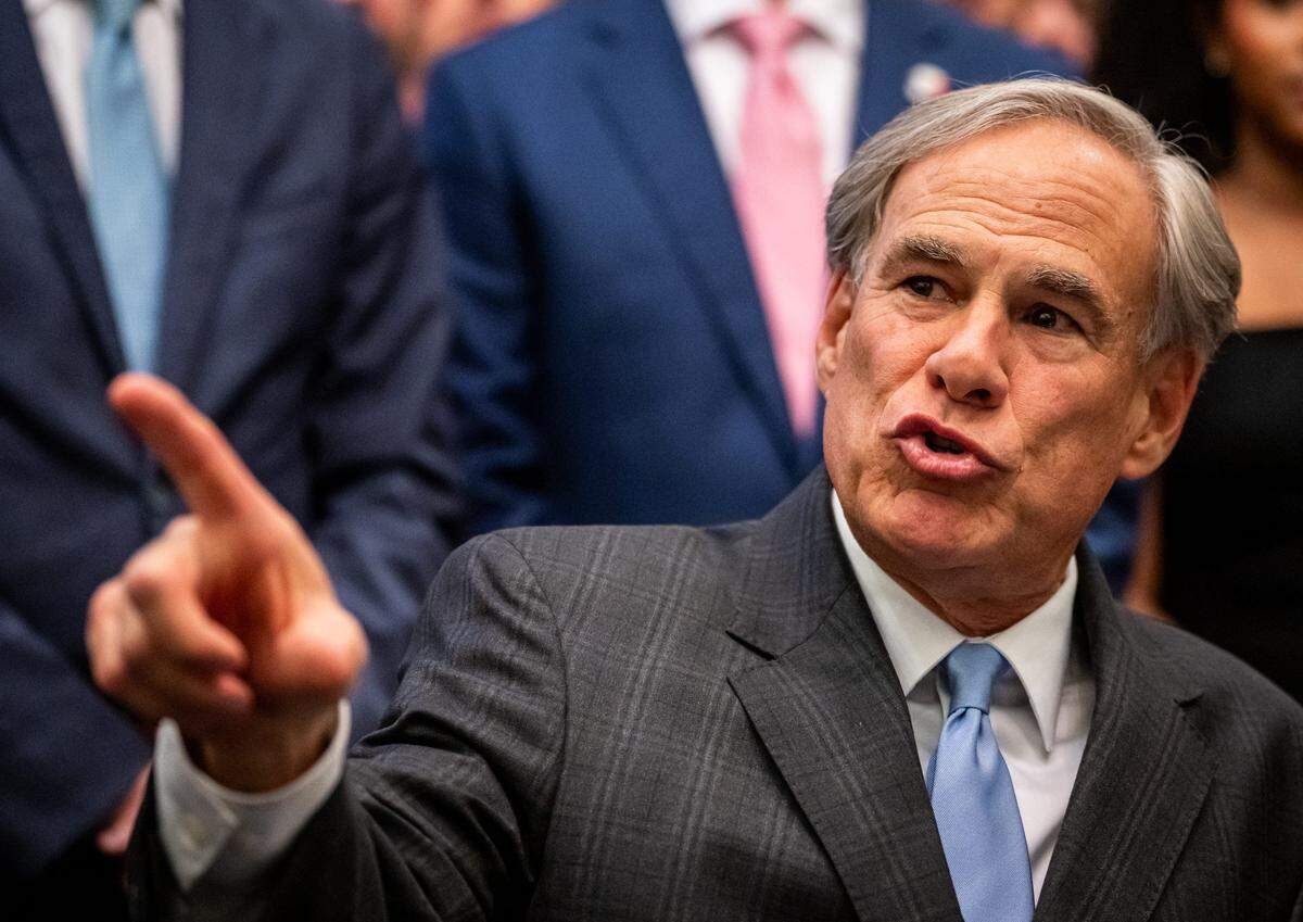 Texas Governor Greg Abbott speaks to the press at the Texas State Capitol, May 14, 2025.