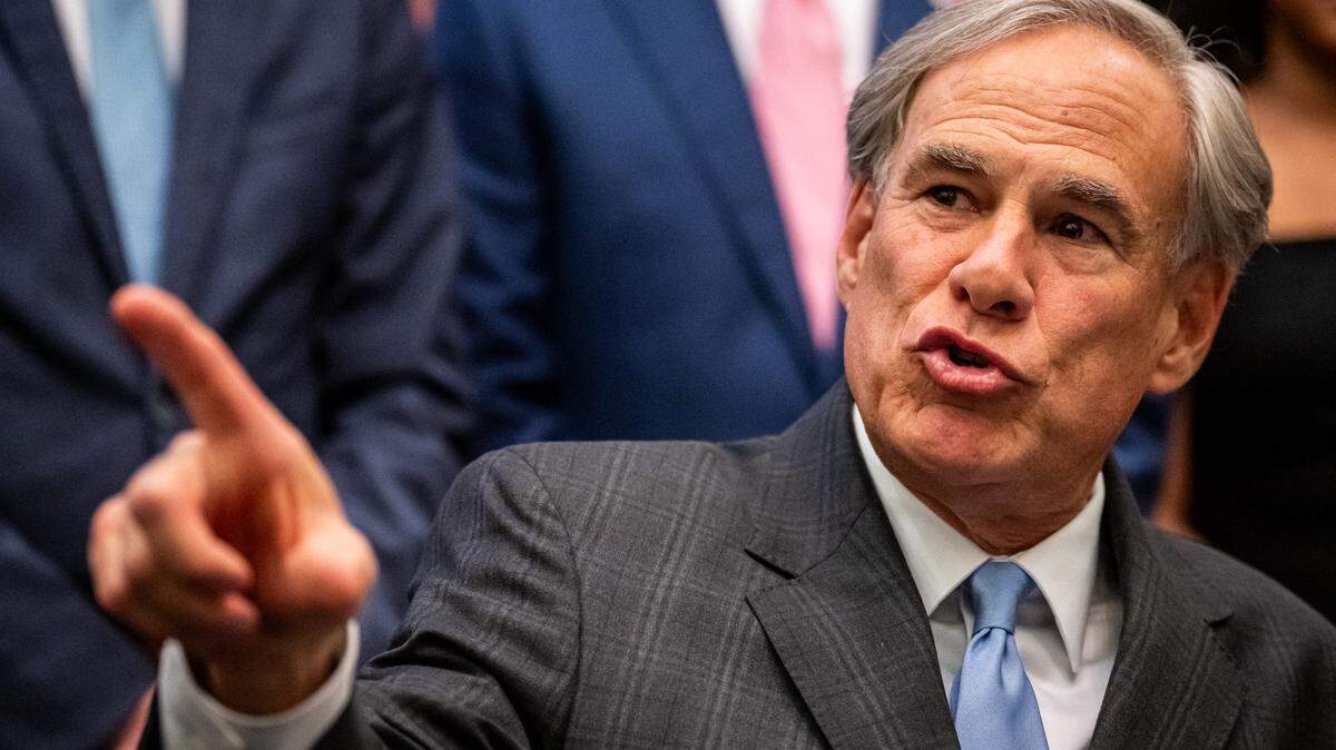 Texas Governor Greg Abbott speaks to the press at the Texas State Capitol, May 14, 2025.