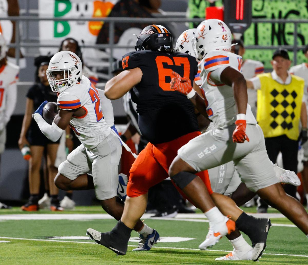 Bowie defender Princeton Campbell (25) scoops up a fumble and returns it to the four yard line during a District 8-6A football game at Birdville Fine Arts/Activity Complex in North Richland Hills, Texas, Friday, Oct. 25, 2024.